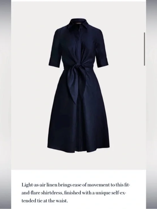 NWT Ralph Lauren Navy Tie-Front Midi Shirt Dress - Picture 3 of 3